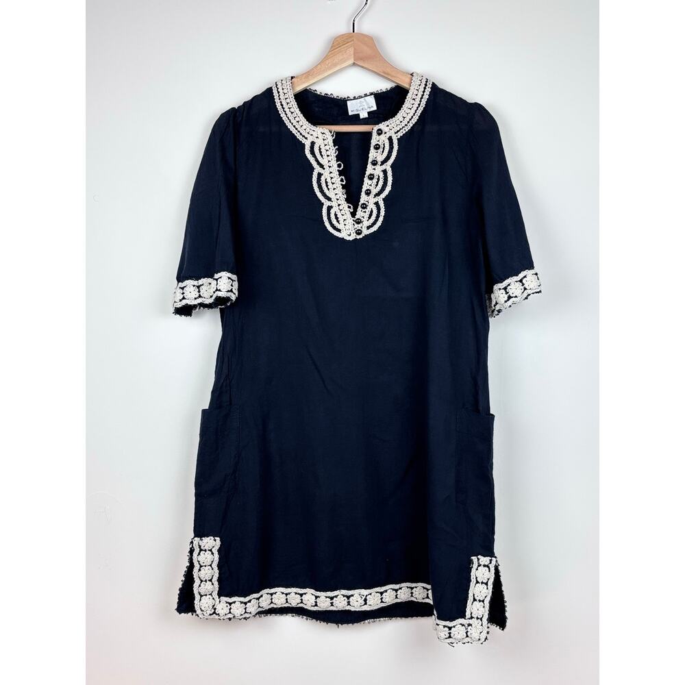 🖤 Miguelina Black Linen Tunic Dress | Size Large | Black & Ivory